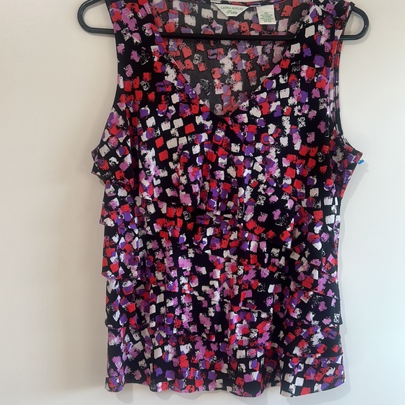 LAURA ASHLEY PETITS RUFFLED MULTICOLOURED SLEEVELESS V NECK BLOUSE SIZE SMALL - Picture 8 of 8